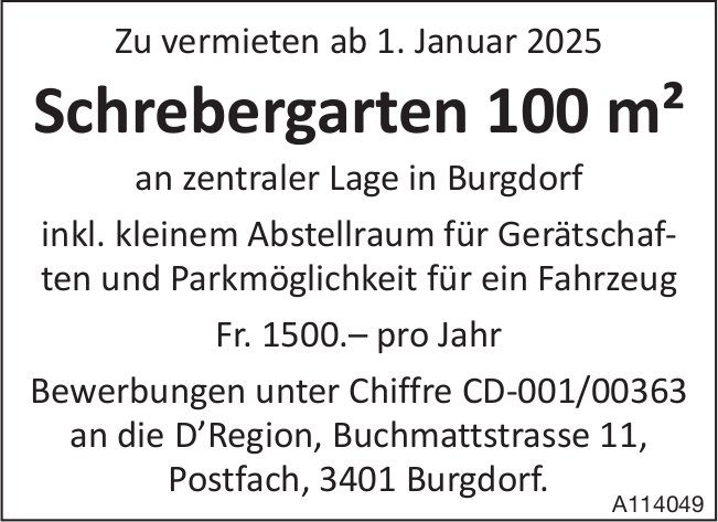 Schrebergarten 100 m2, Burgdorf, zu vermieten