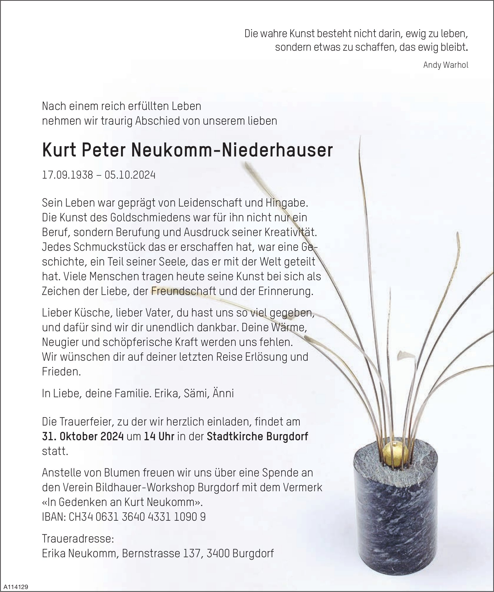 Kurt Peter Neukomm-Niederhauser, Oktober 2024 / TA