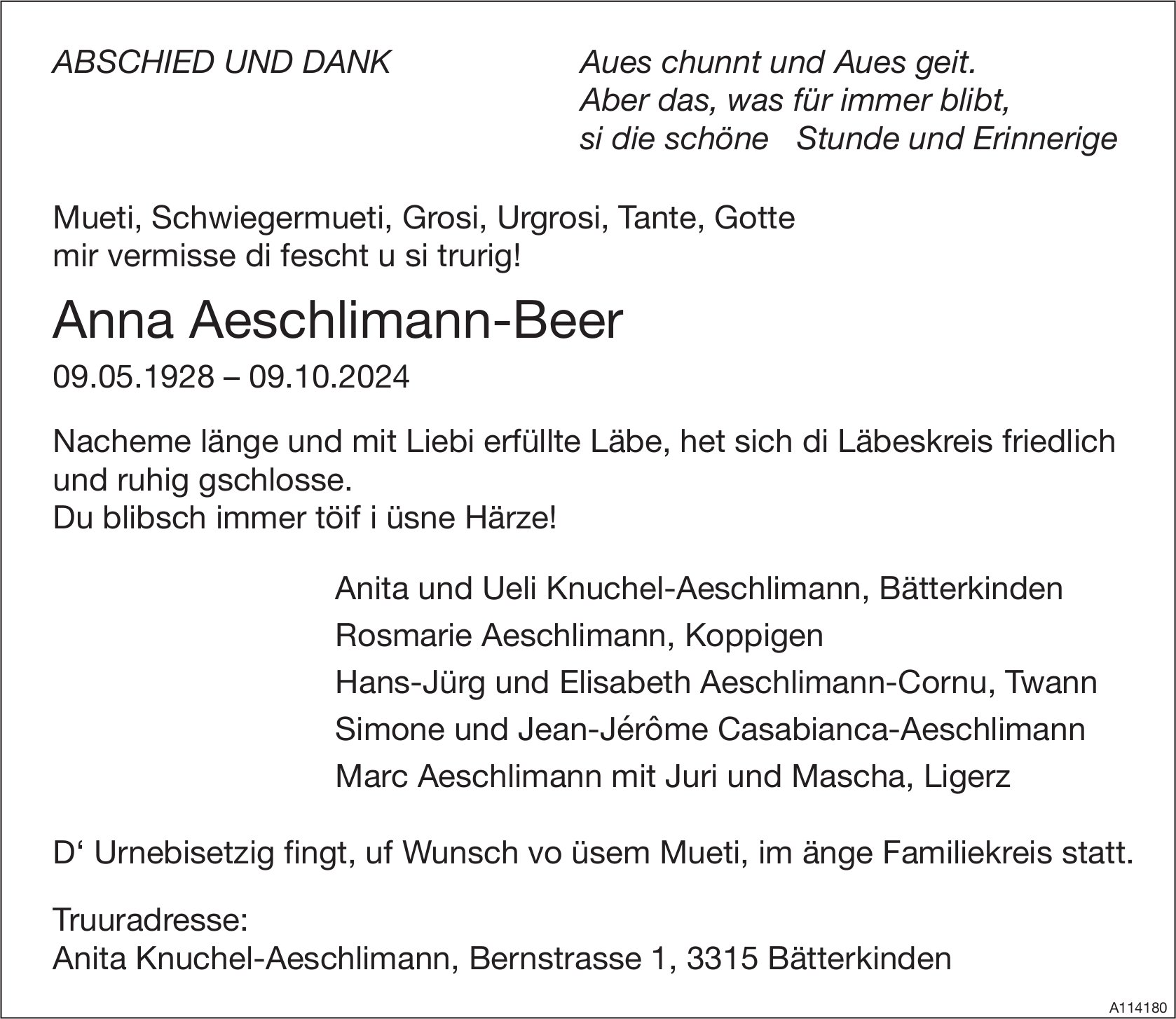 Anna Aeschlimann-Beer, im Oktober 2024 / TA + DS