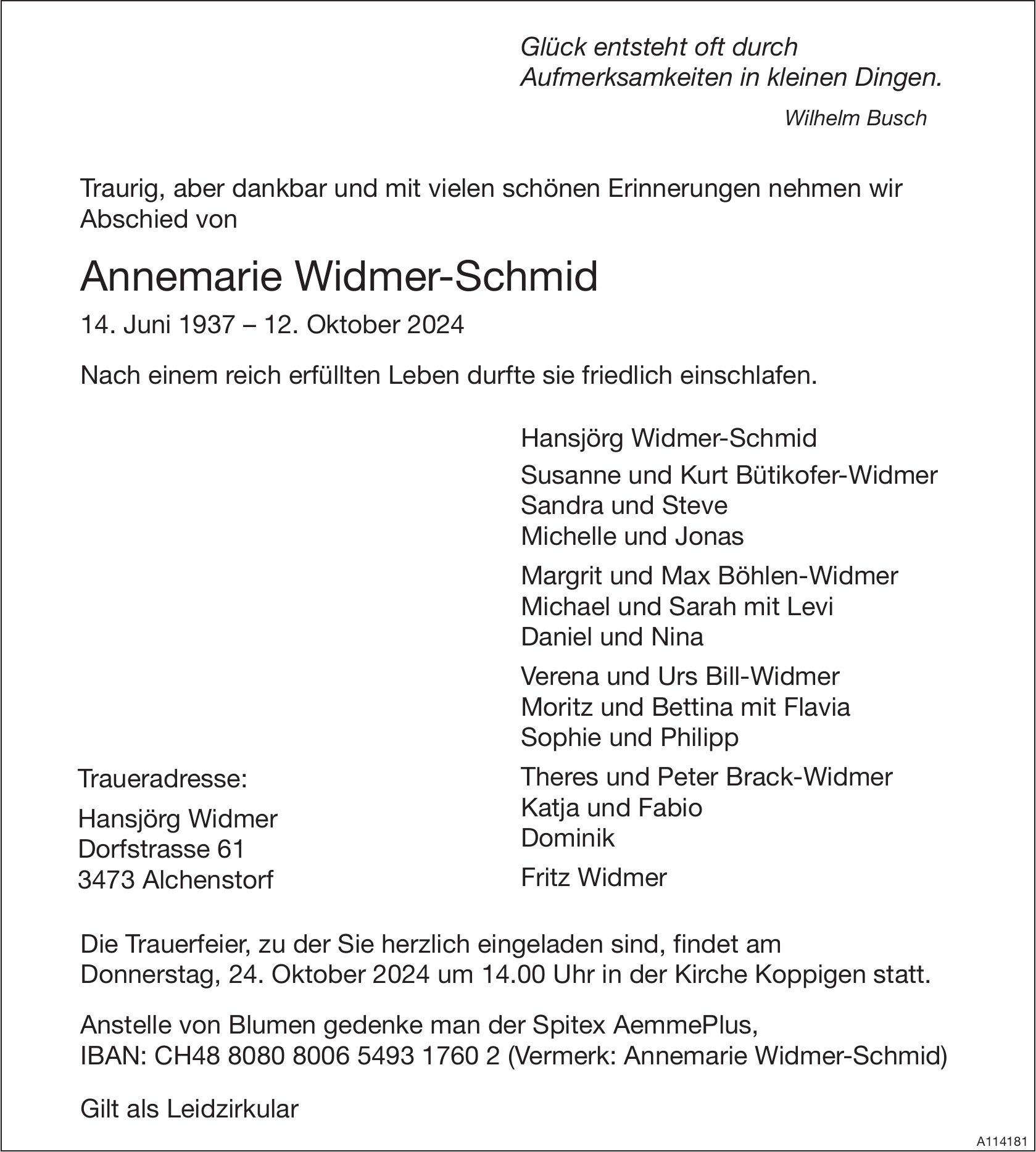 Annemarie Widmer-Schmid, Oktober 2024 / TA