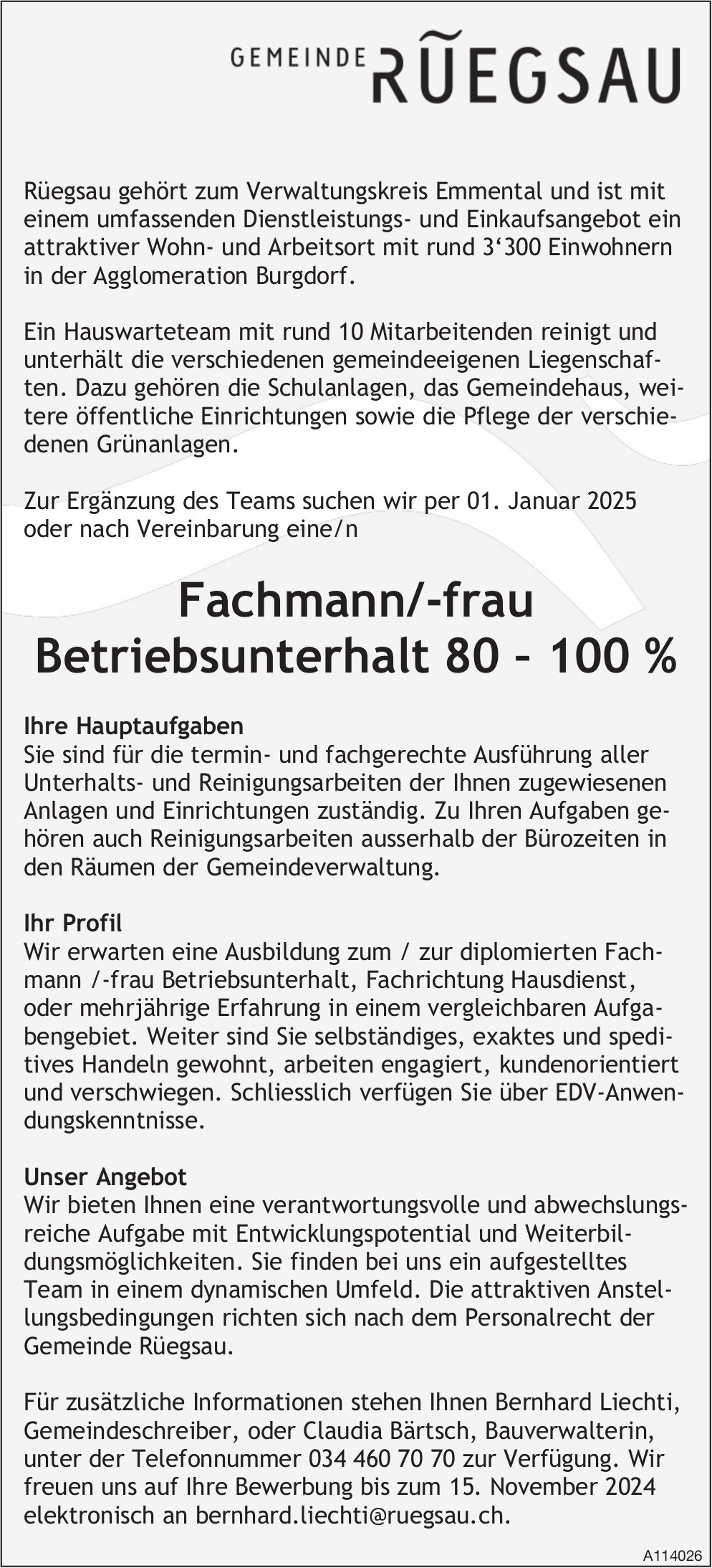 Fachmann/-frau Betriebsunterhalt 80 – 100 %, Gemeinde Rüegsau, Burgdorf, gesucht