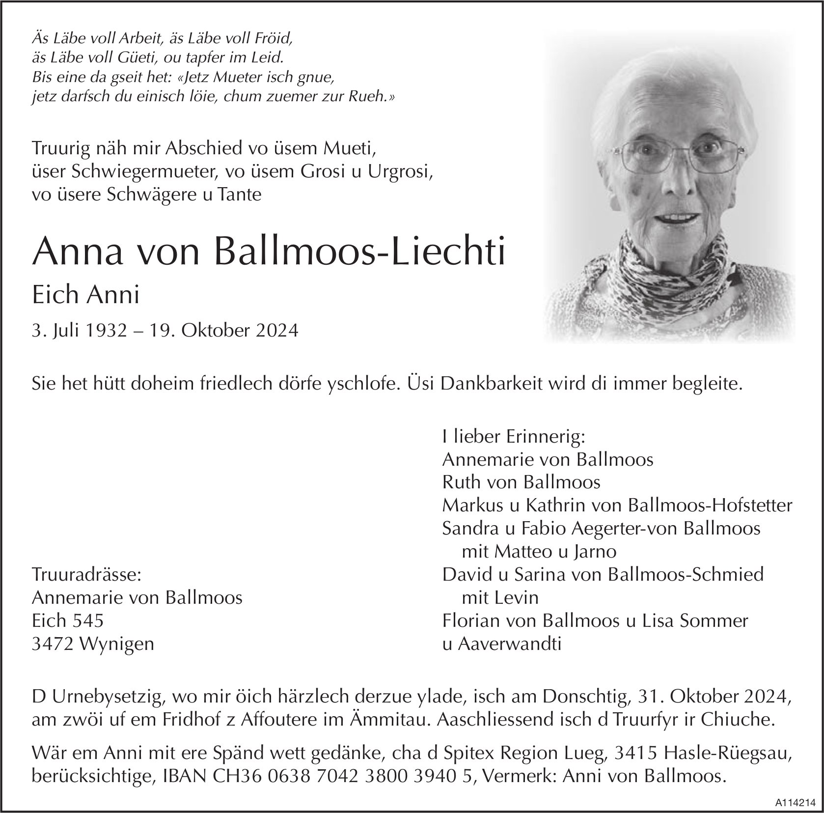 Anna von Ballmoos-Liechti, Oktober 2024 / TA