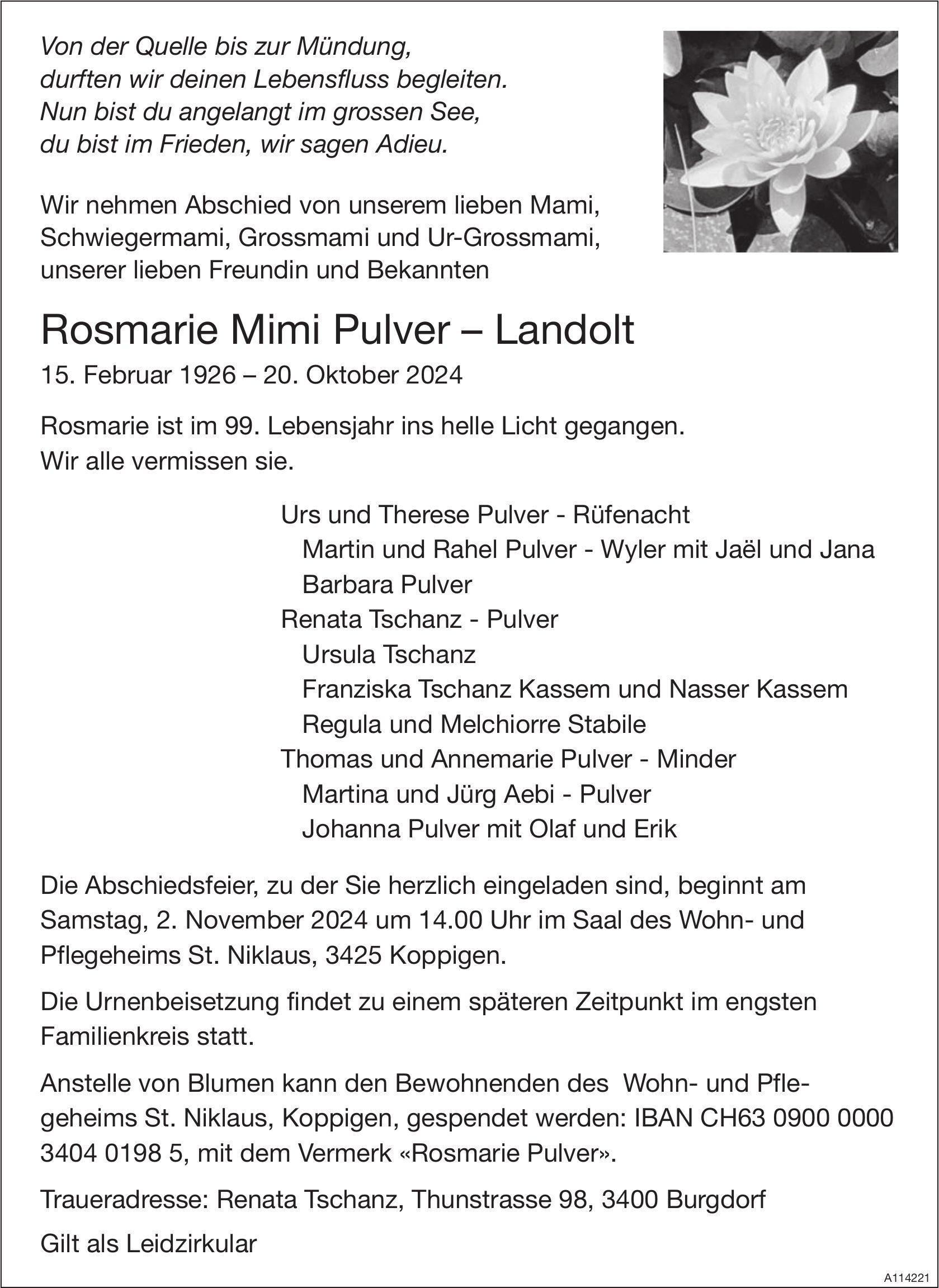 Rosmarie Mimi Pulver – Landolt, Oktober 2024 / TA