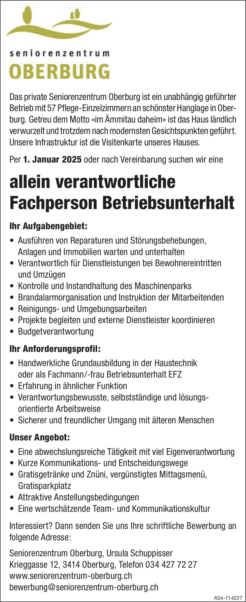 Allein verantwortliche Fachperson Betriebsunterhalt, Seniorenzentrum Oberburg, gesucht