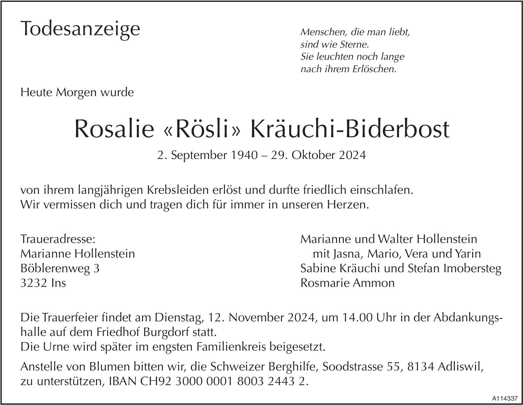 Rosalie «Rösli» Kräuchi-Biderbost, Oktober 2024 / TA