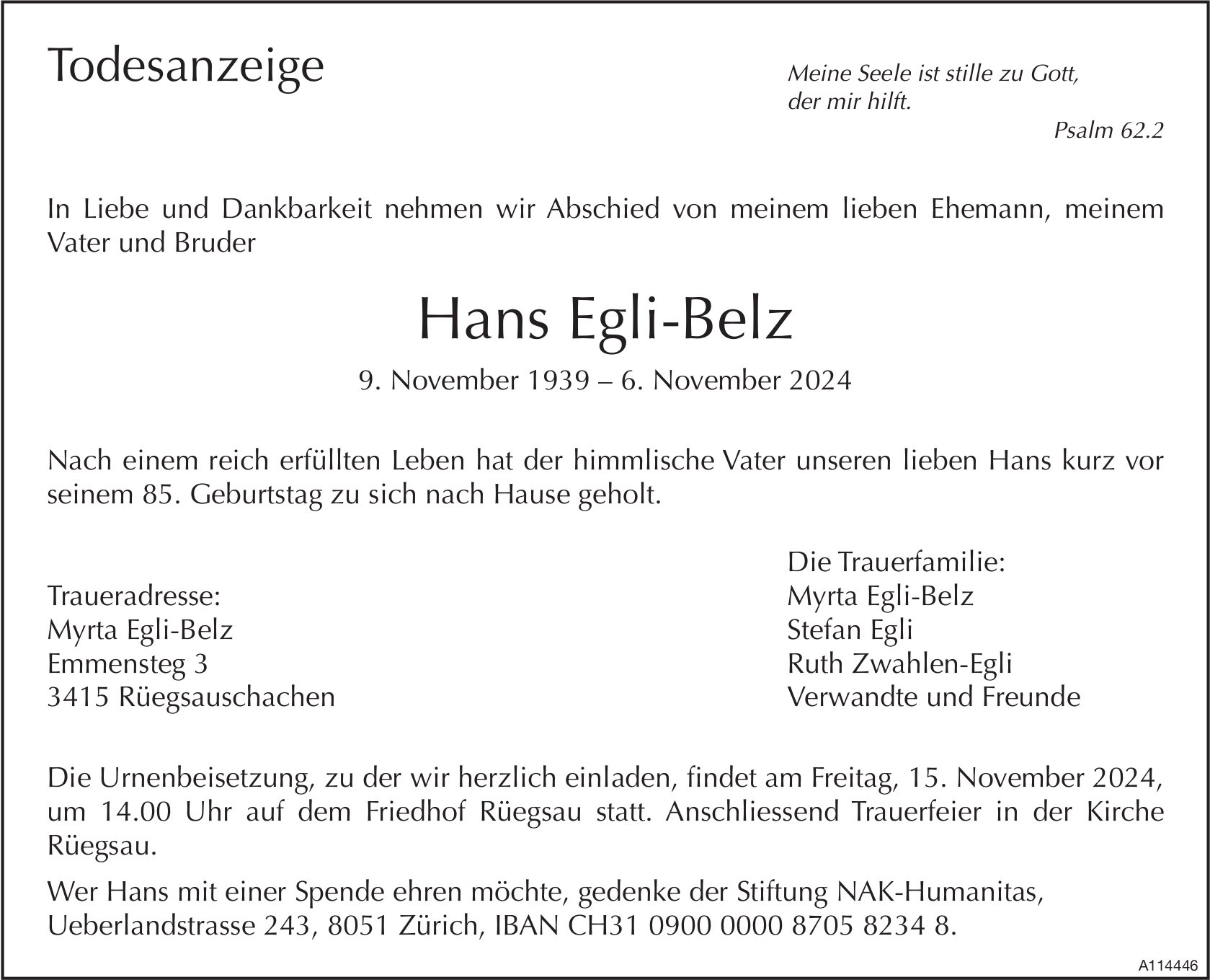 Hans Egli-Belz, November 2024 / TA