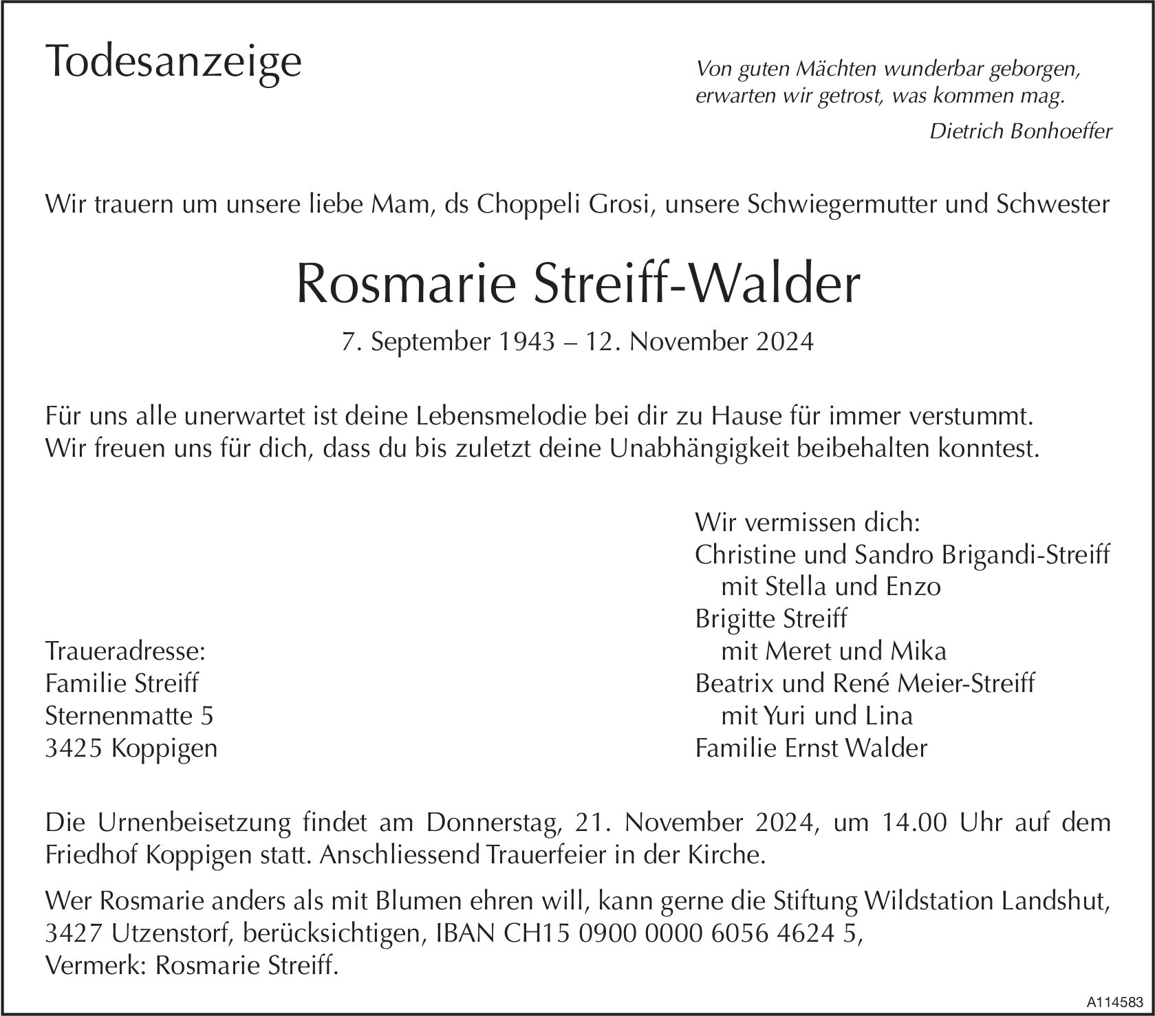 Rosmarie Streiff-Walder, November 2024 / TA