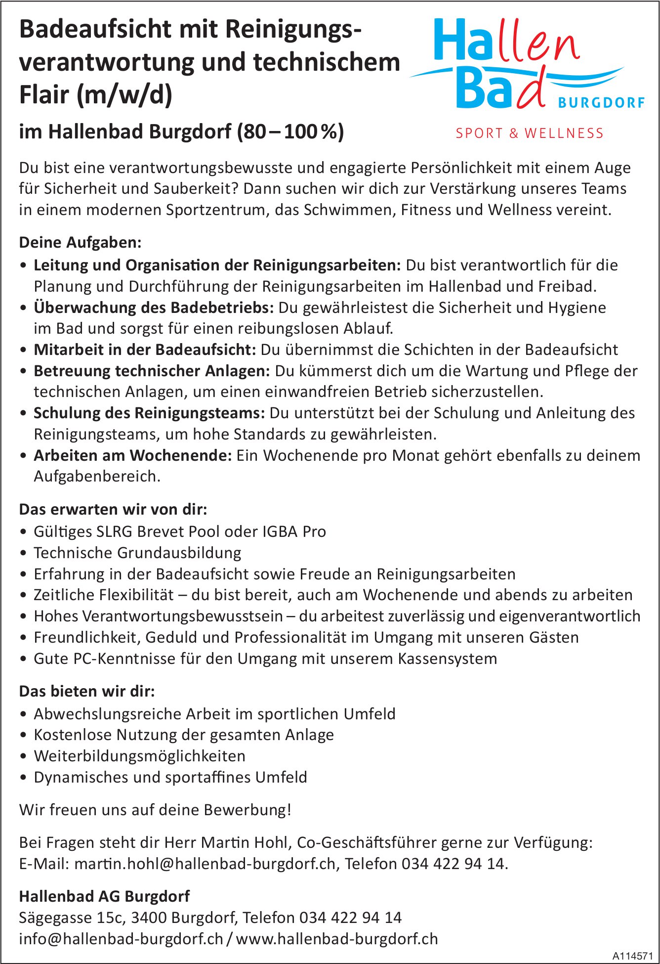 Badeaufsicht mit Reinigungsverantwortung und technischem Flair (m/w/d), Hallenbad AG, Burgdorf, gesucht