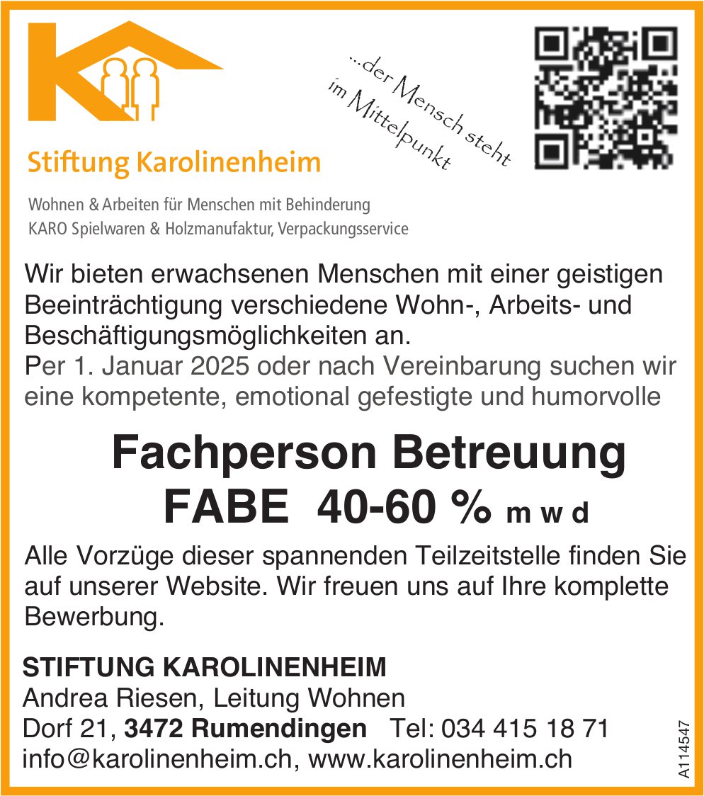 Fachperson Betreuung FABE 40-60 % m w d, Stiftung Karolinenheim, Rumendingen, gesucht