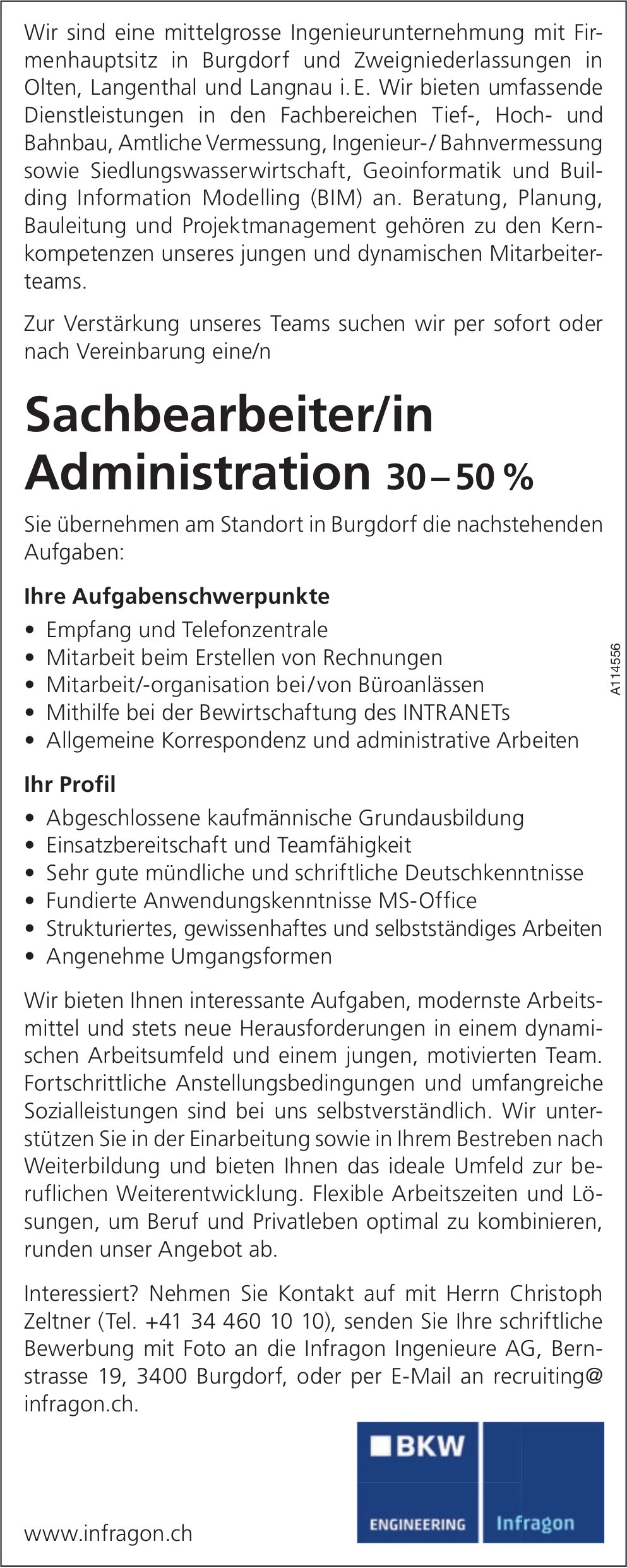 Sachbearbeiter/in Administration 30–50 %, BKW / Infragon Ingenieure AG, Burgdorf, gesucht