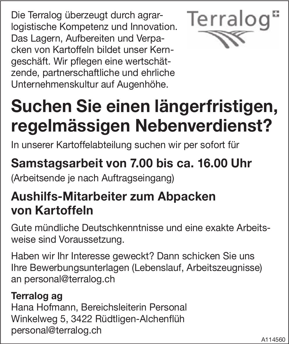 Aushilfs-Mitarbeiter zum Abpacken von Kartoffeln, Terralog ag, Rüdtligen, gesucht