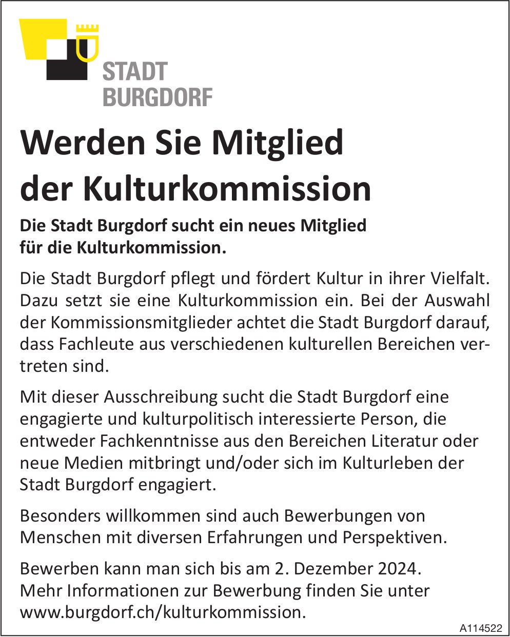 Werden Sie Mitglied der Kulturkommission, Stadt Burgdorf, gesucht