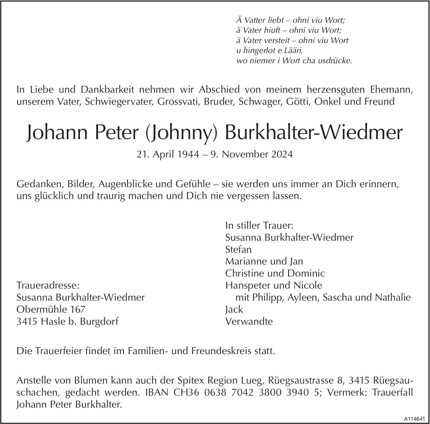 Johann Peter (Johnny) Burkhalter-Wiedmer, November 2024 / TA