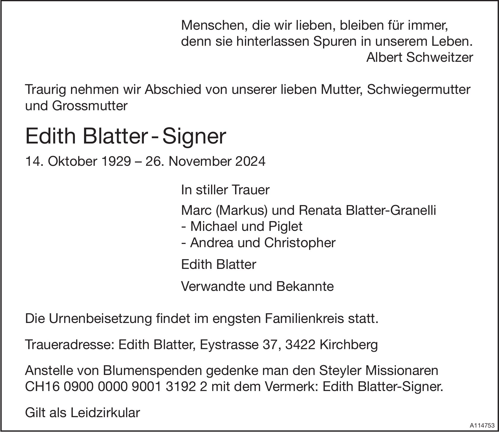 Edith Blatter-Signer, November 2024 / TA