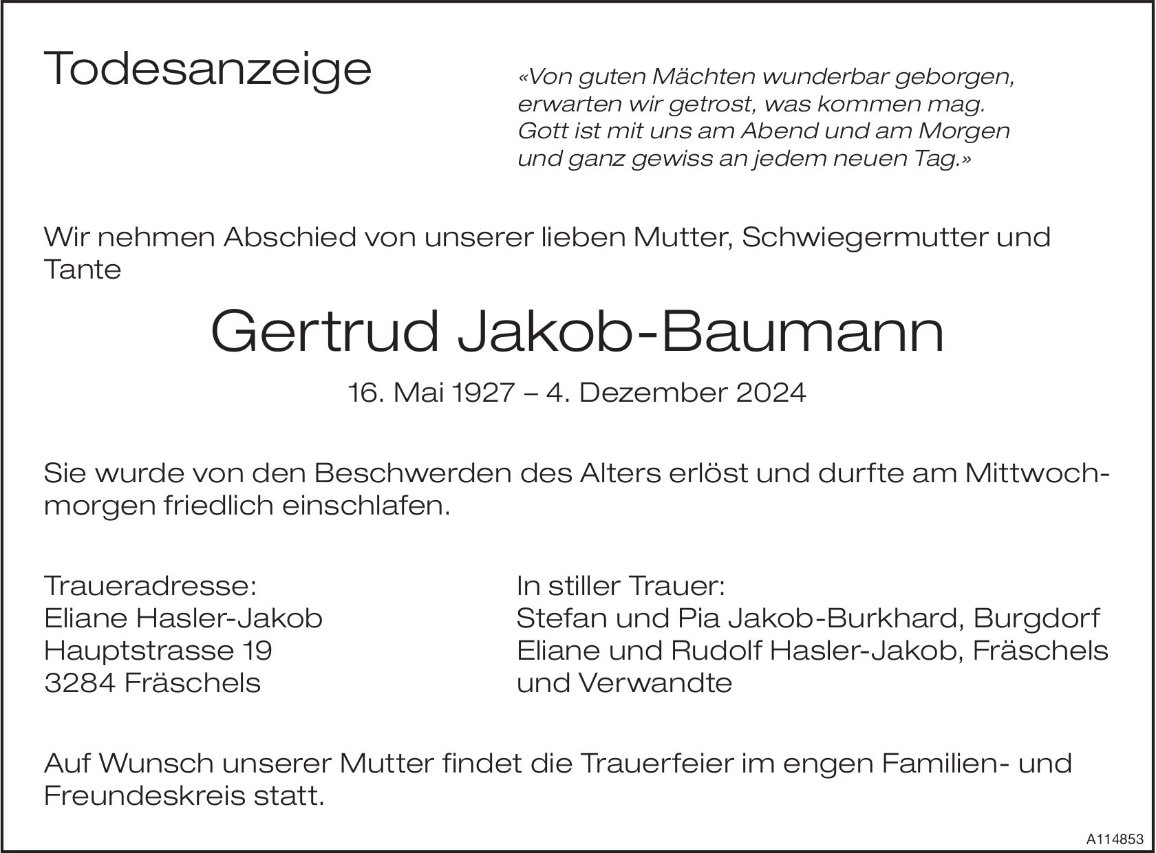 Gertrud Jakob-Baumann, Dezember 2024 / TA