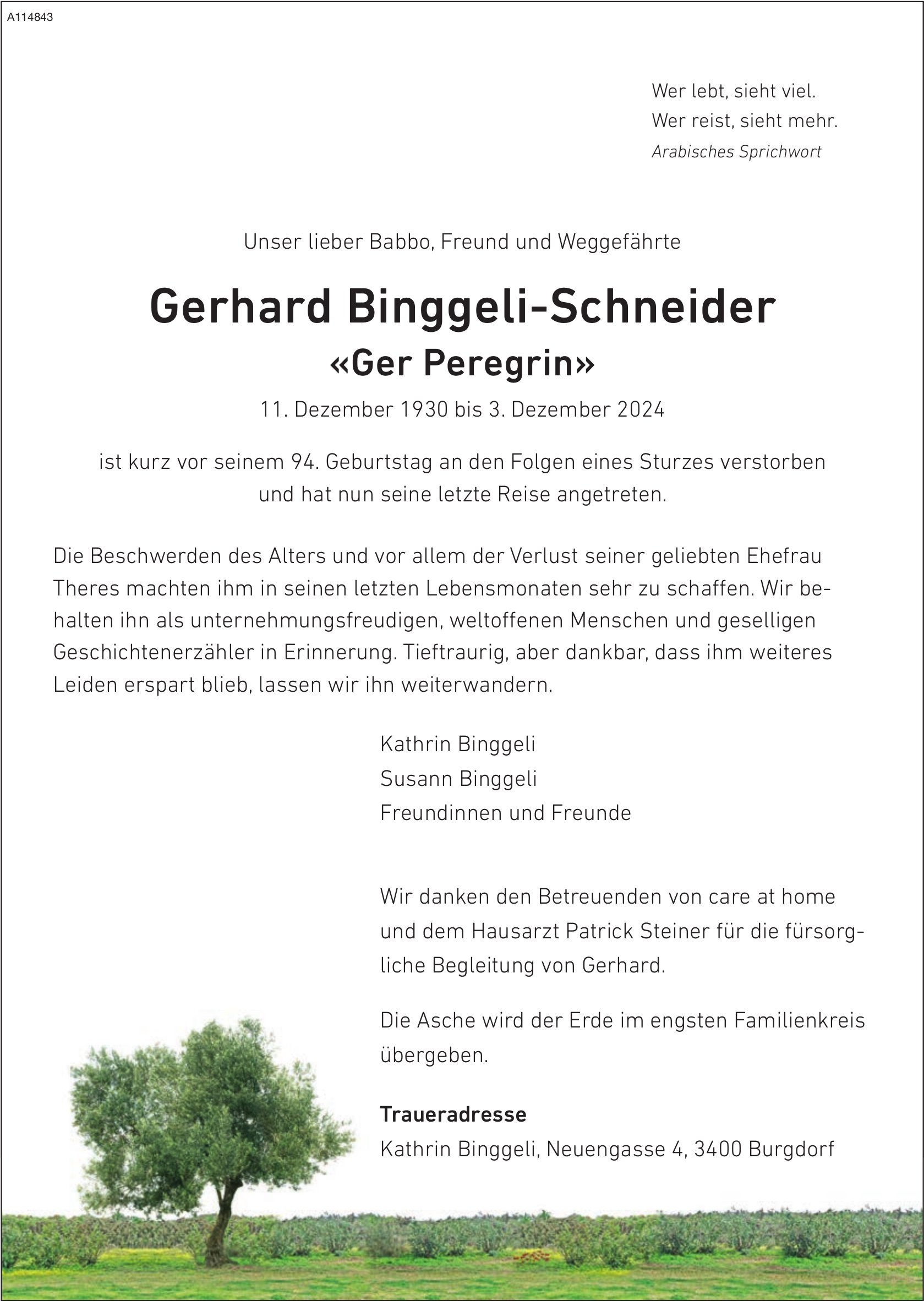 Gerhard Binggeli-Schneider «Ger Peregrin», Dezember 2024 / TA