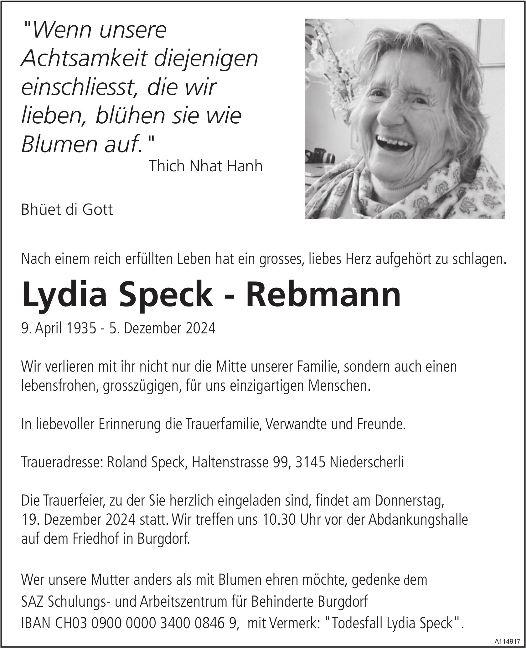 Lydia Speck - Rebmann, Dezember 2024 / TA