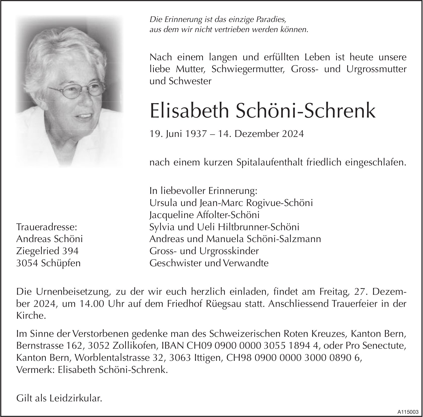 Elisabeth Schöni-Schrenk, Dezember 2024 / TA