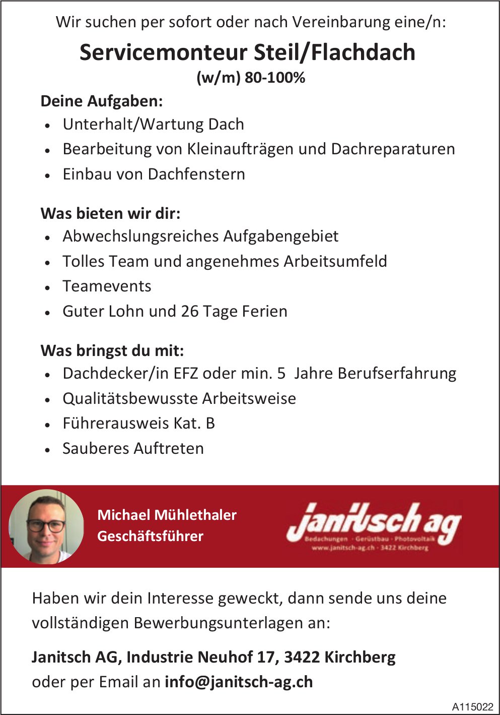 Servicemonteur Steil/Flachdach (w/m) 80­100%, Janitsch AG, Kirchberg, gesucht