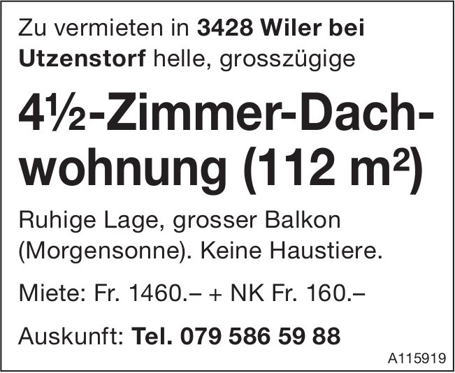 4.5-Zimmer-Dachwohnung, Wiler bei Utzenstorf, zu vermieten