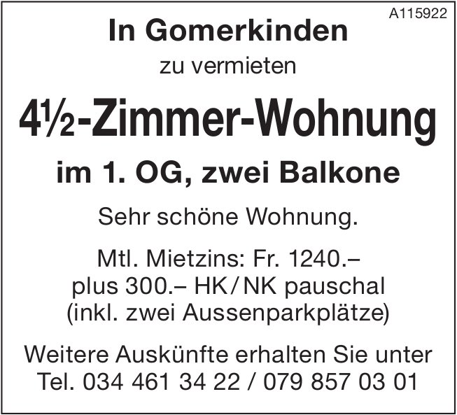 4.5-Zimmer-Wohnung, Gomerkinden, zu vermieten