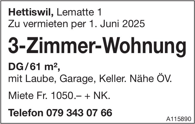 3-Zimmer-Wohnung, Hettiswil, zu vermieten