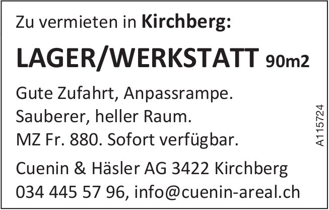Lager/Werkstatt 90m2, Kirchberg, zu vermieten