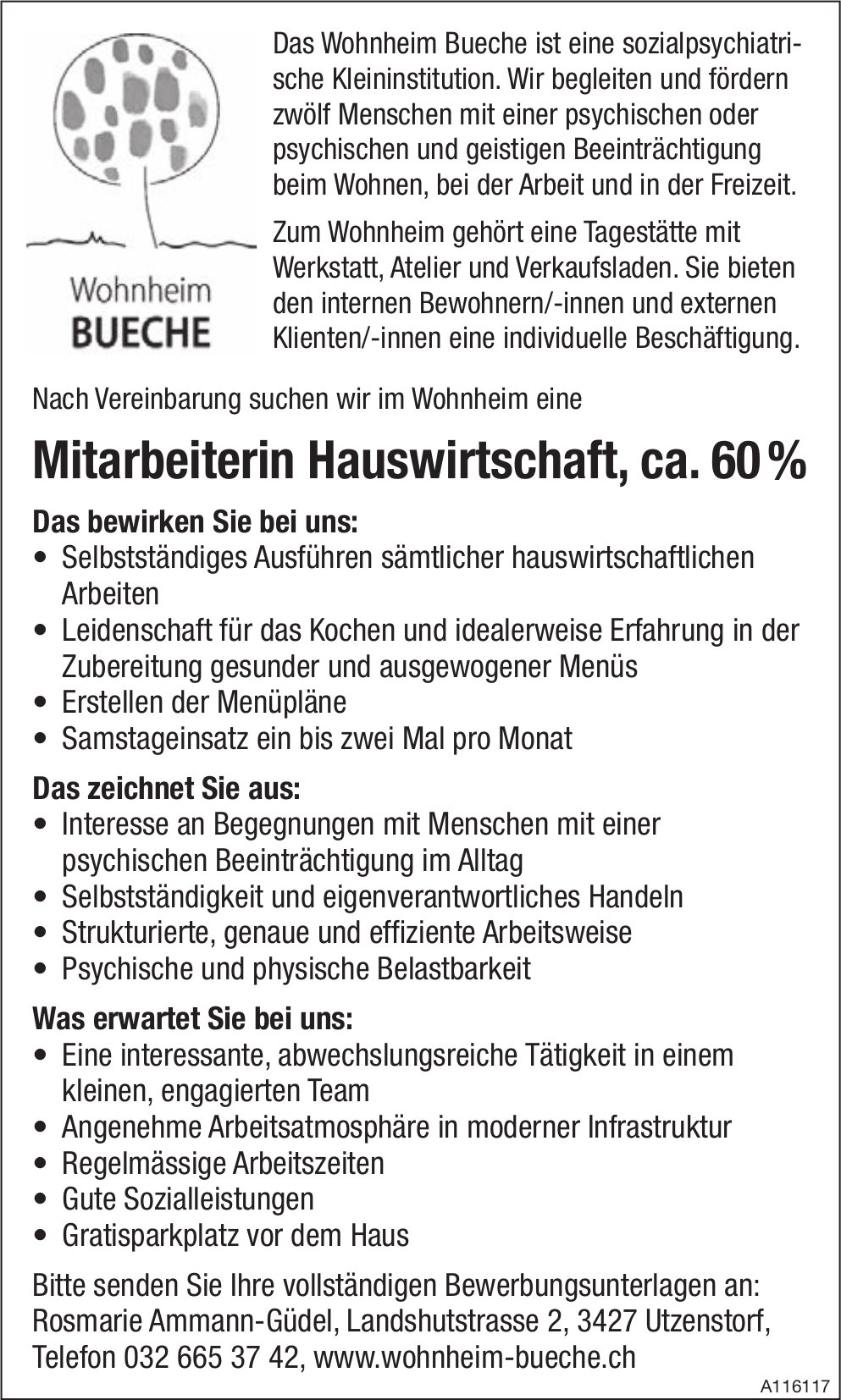Mitarbeiterin Hauswirtschaft, ca. 60 %, Wohnheim Bueche, Utzens,  gesucht