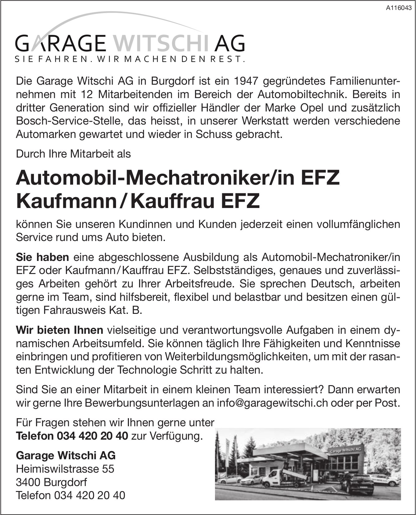 Automobil-Mechatroniker/in EFZ und Kaufmann / Kauffrau EFZ, Garage Witschi AG, Burgdorf, gesucht