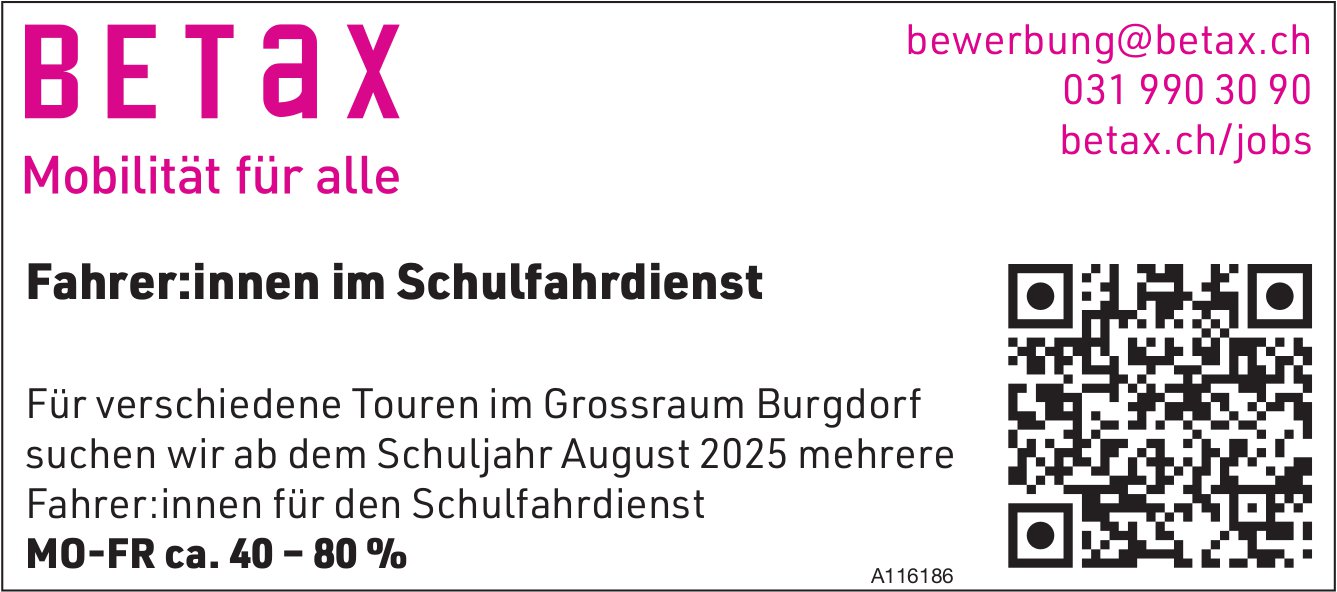 Fahrer:innen im Schulfahrdienst 40-60%, Betax, Grossraum Burgdorf, gesucht