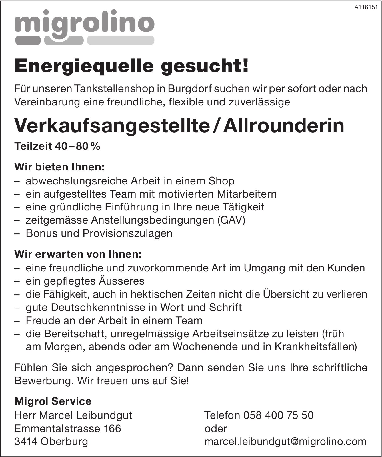 Verkaufsangestellte / Allrounderin 40-80%, Migrolino, Burgdorf, gesucht