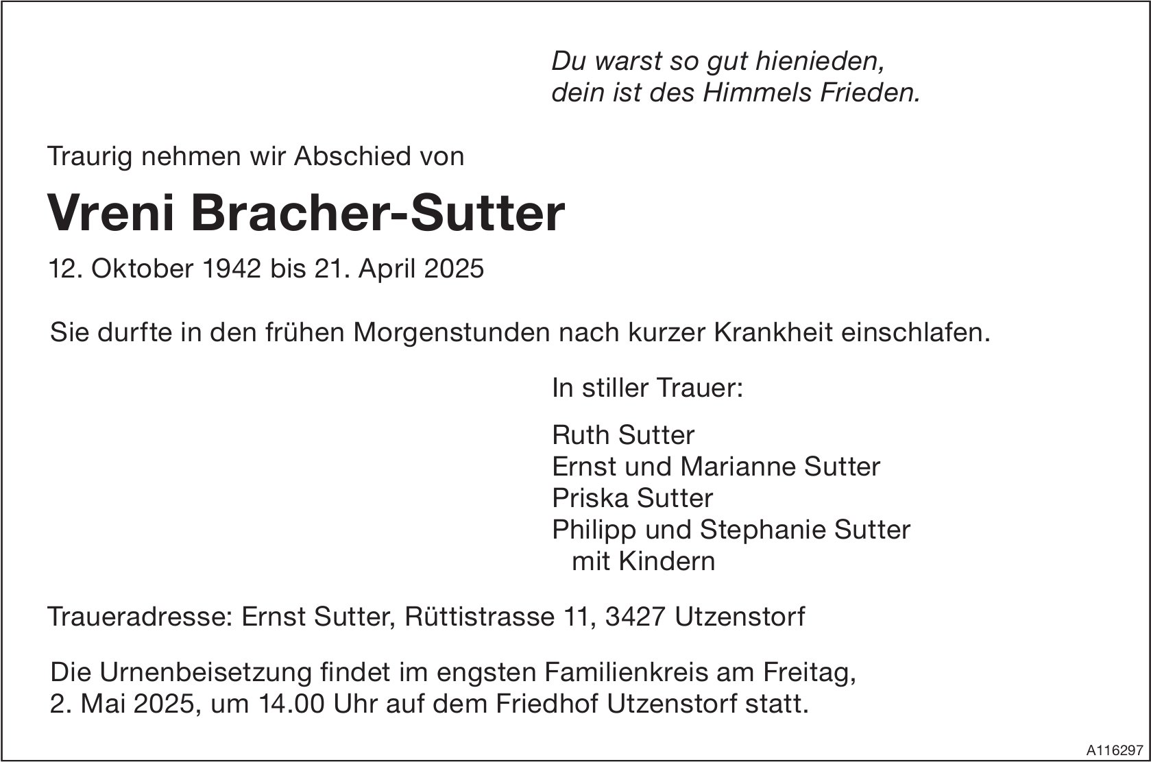 Vreni Bracher-Sutter, April 2025 / TA
