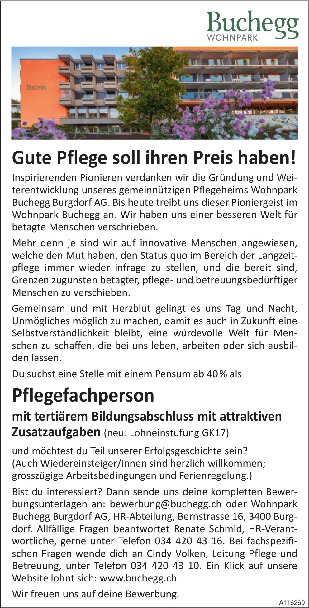 Pflegefachperson, Wohnpark Buchegg, Burgdorf, gesucht
