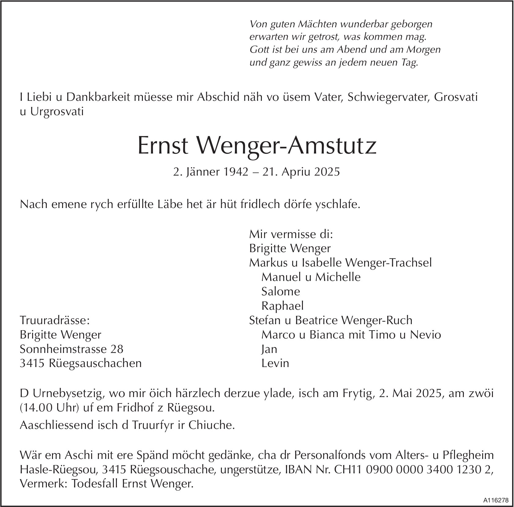 Ernst Wenger-Amstutz, April 2025 / TA