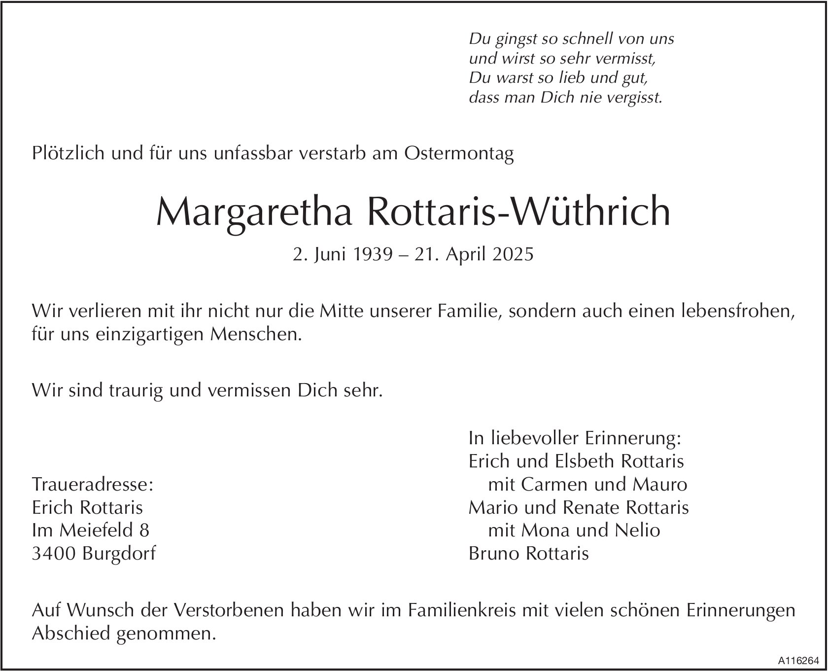 Margaretha Rottaris-Wüthrich, April 2025 / TA