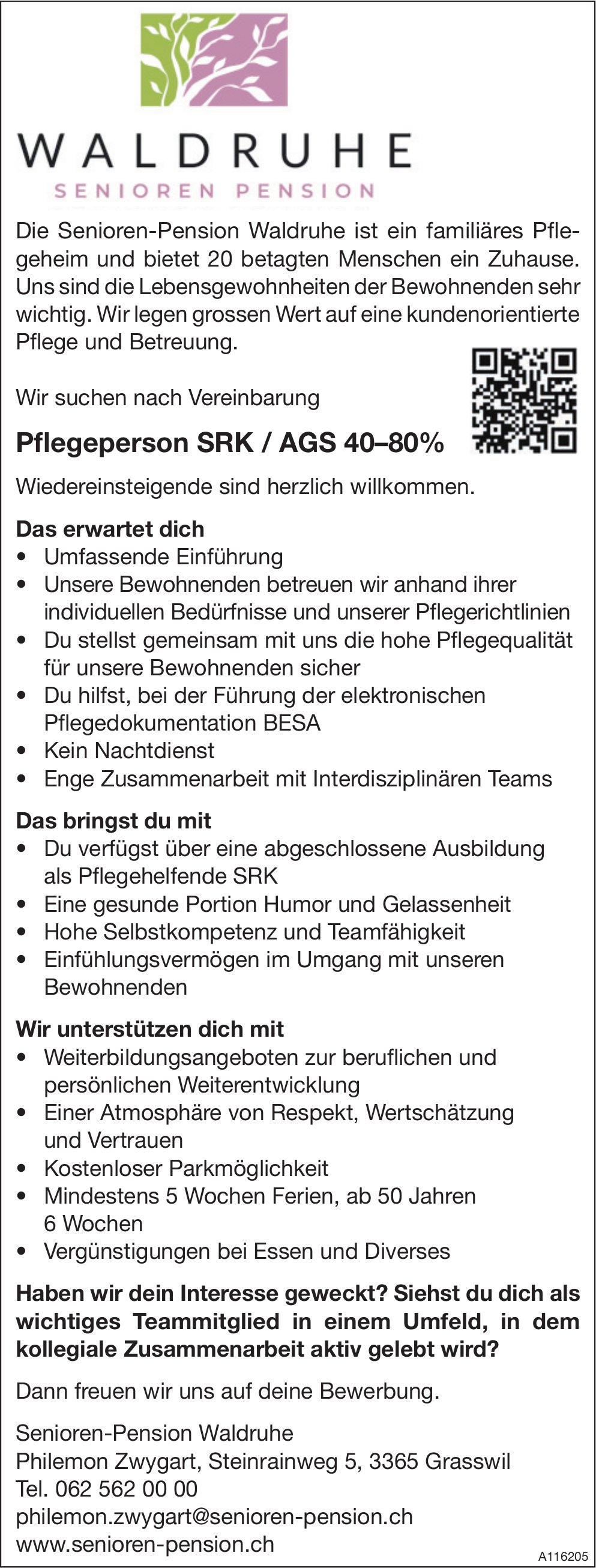 Pflegeperson SRK / AGS 40-80%, Senioren Pension Waldruhe, Grasswil, gesucht