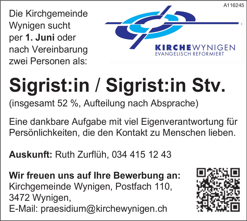 Sigrist:in / Sigrist:in Stv., Kirchgemeinde, Wynigen, gesucht