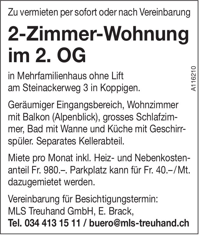 2-Zimmer-Wohnung, Koppigen, zu vermieten