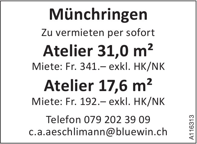 Ateliers, 31m2 und 17.6m2, Münchringen,  zu vermieten