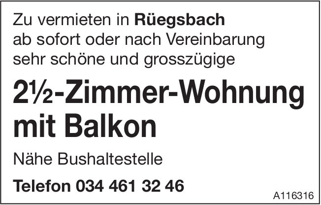 2.5-Zimmer-Wohnung mit Balkon, Rüegsbach, zu vermieten