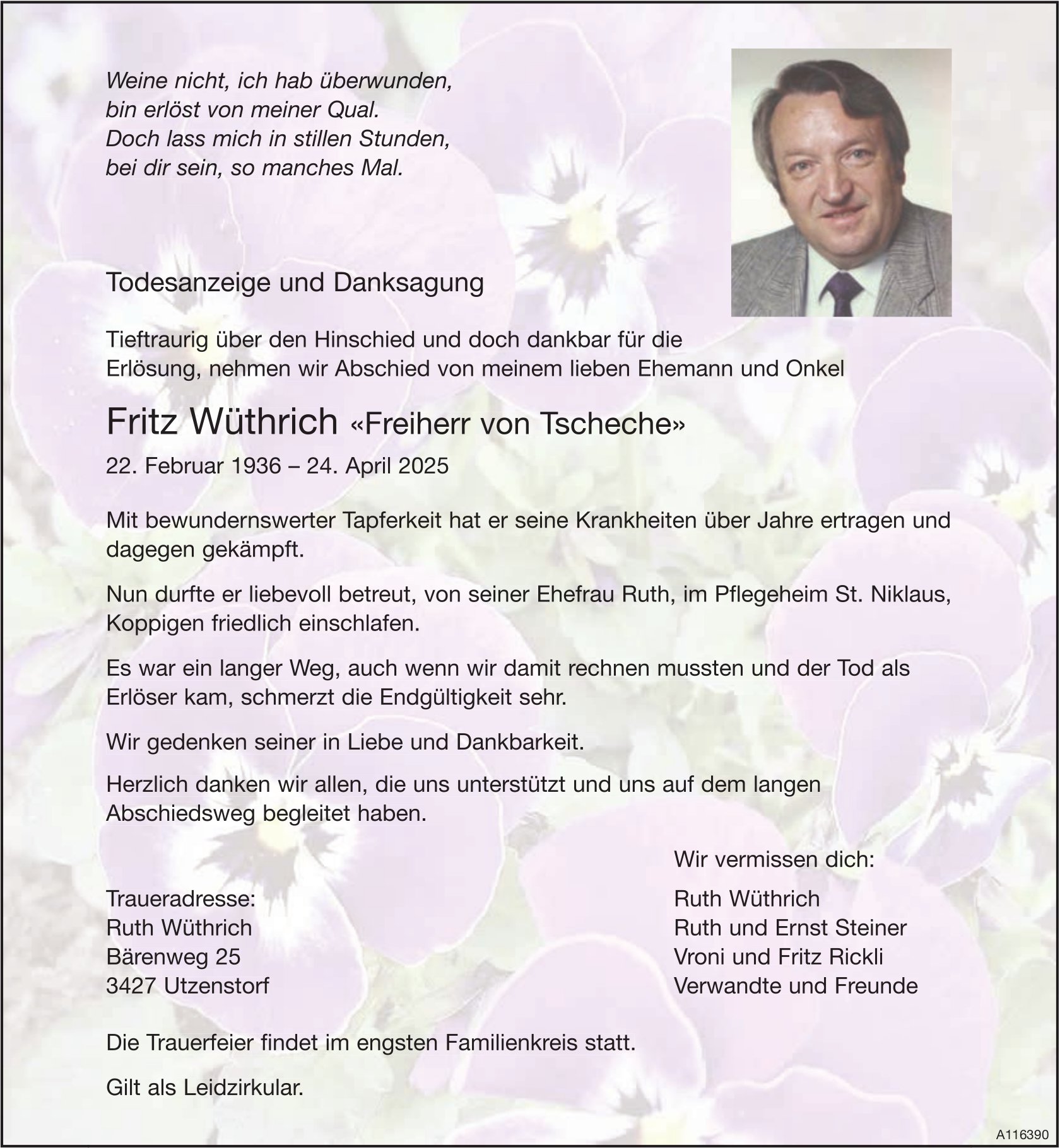 Fritz Wüthrich «Freiherr von Tscheche», Mai 2025 / TA + DS