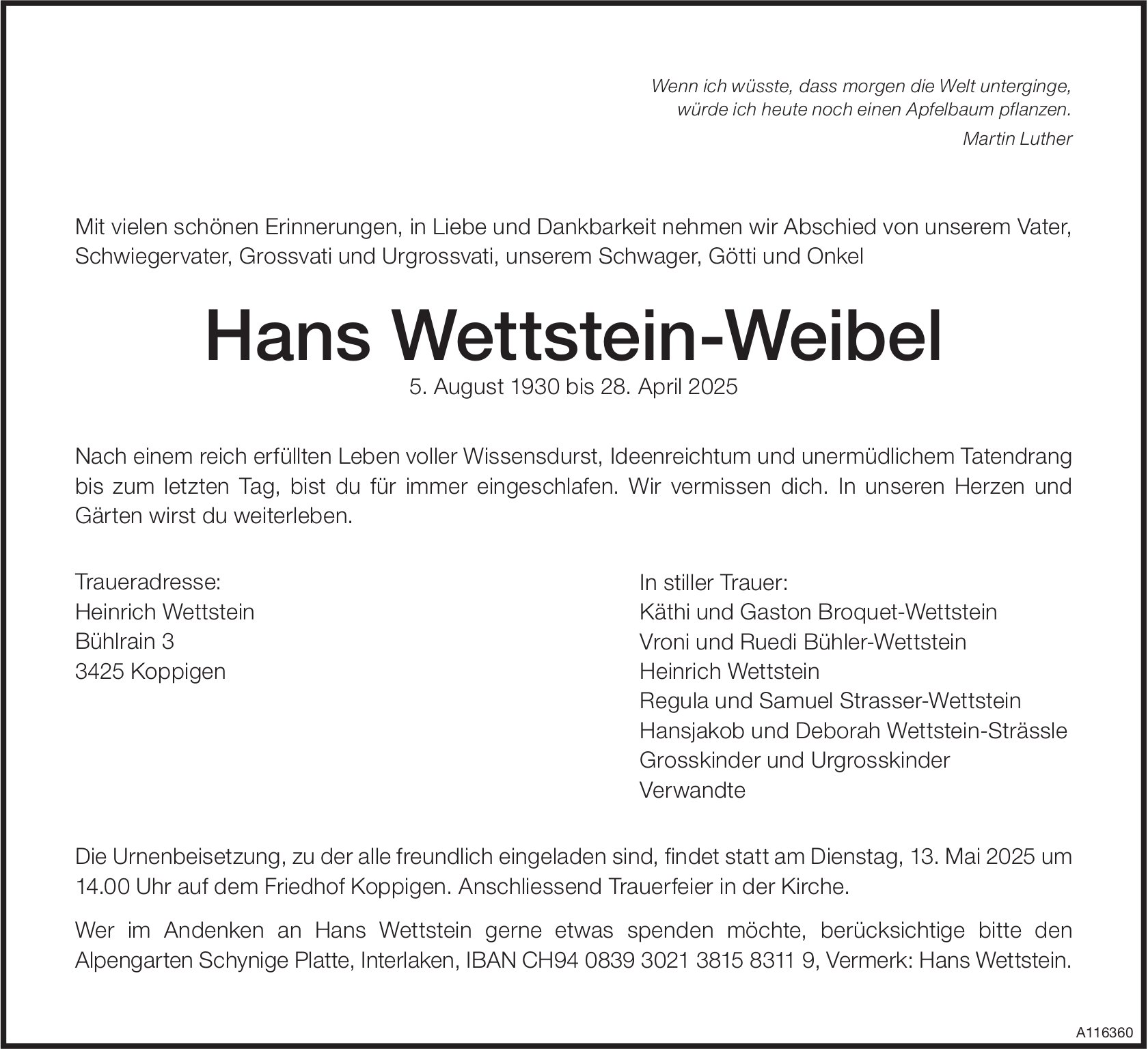 Hans Wettstein-Weibel, April 2025 / TA