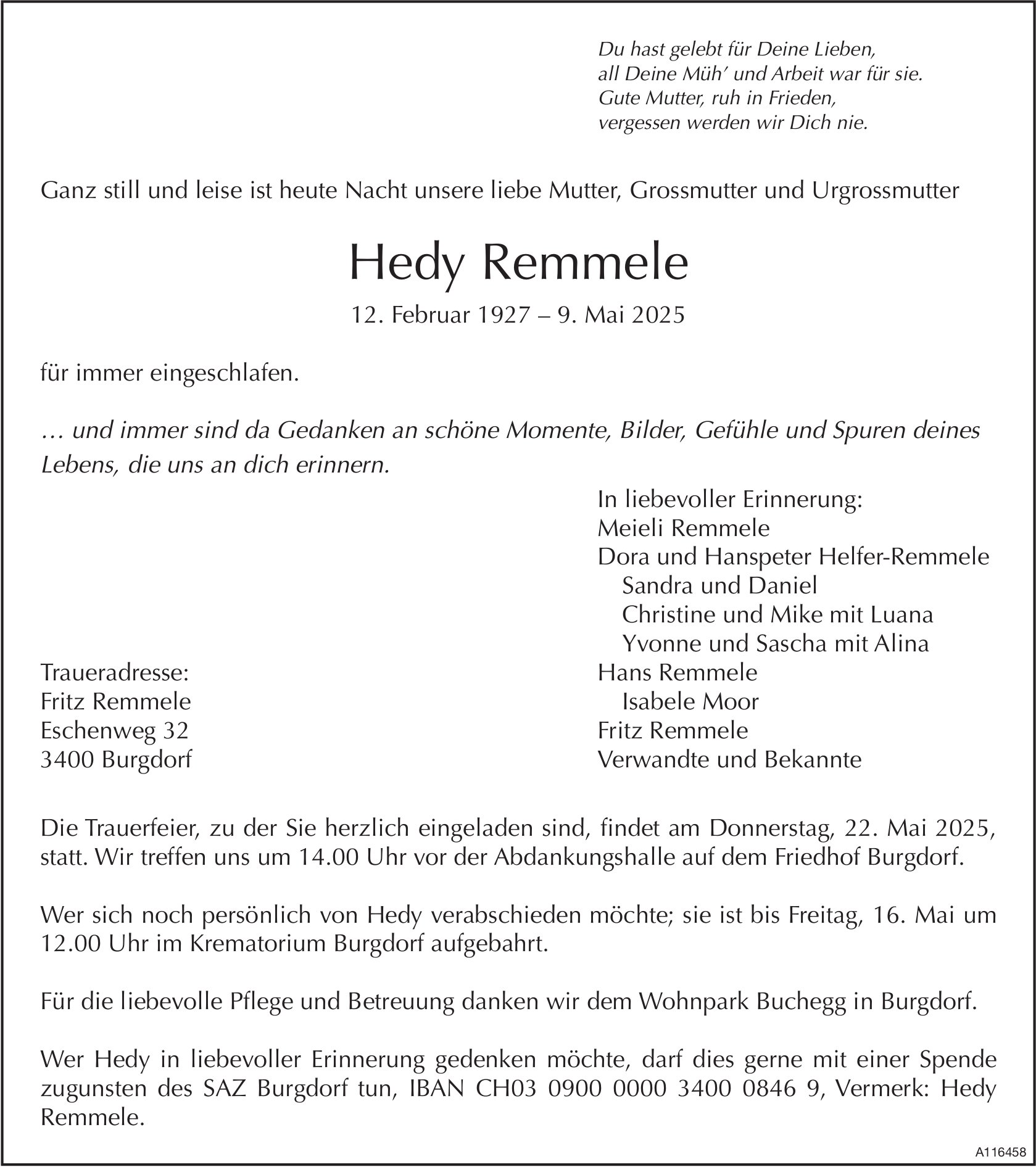 Hedy Remmele, Mai 2025 / TA