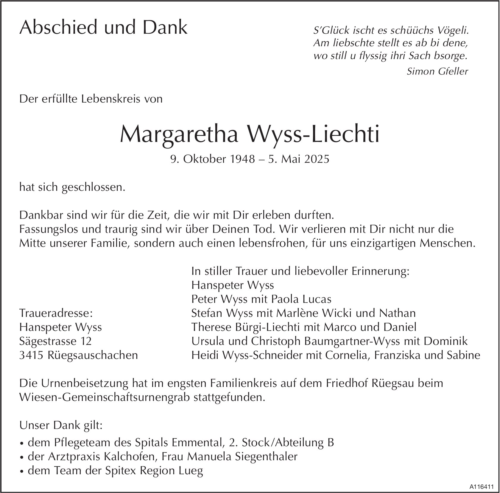 Margaretha Wyss-Liechti, Mai 2025 / TA