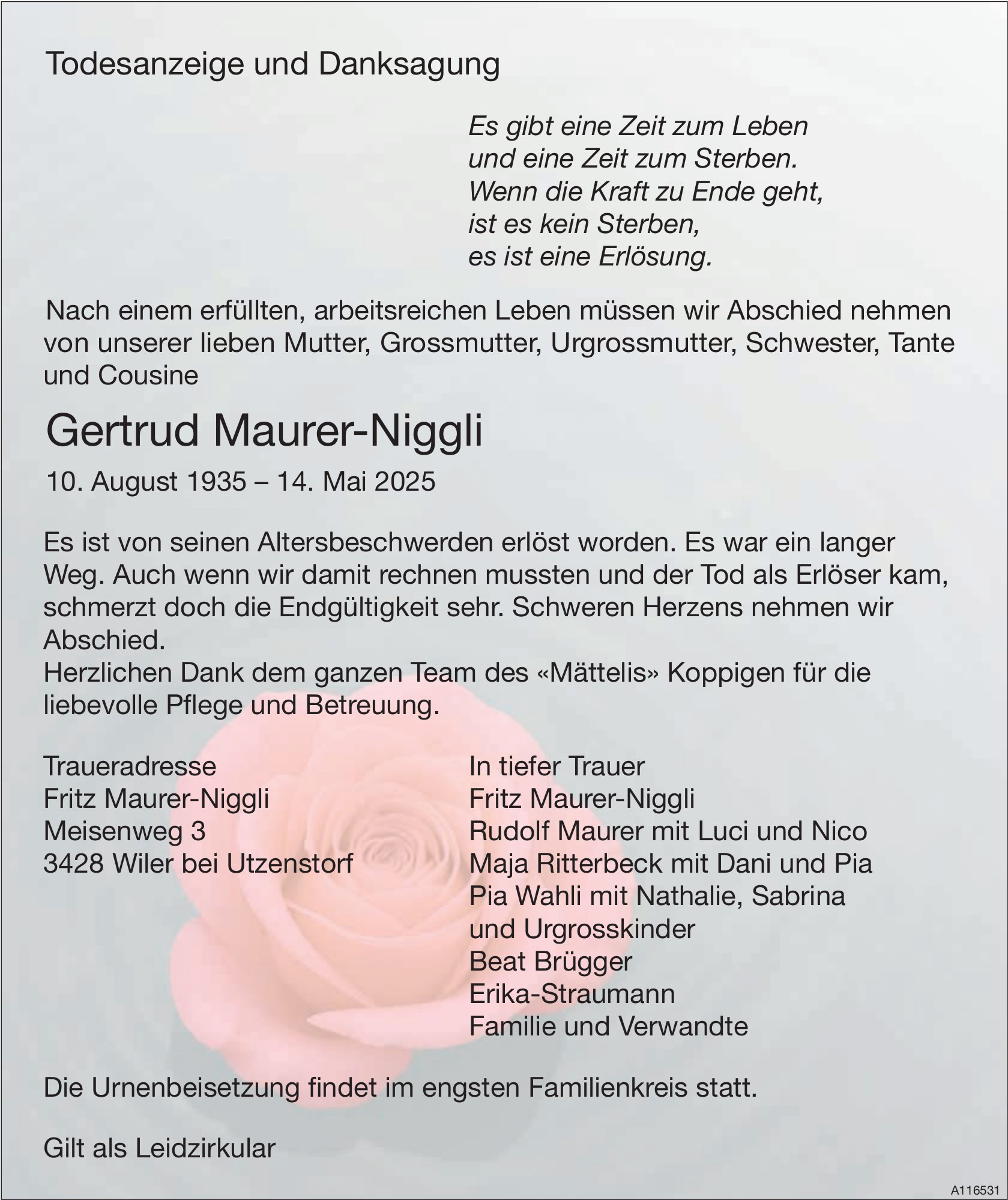 Gertrud Maurer-Niggli, Mai 2025 / TA + DS