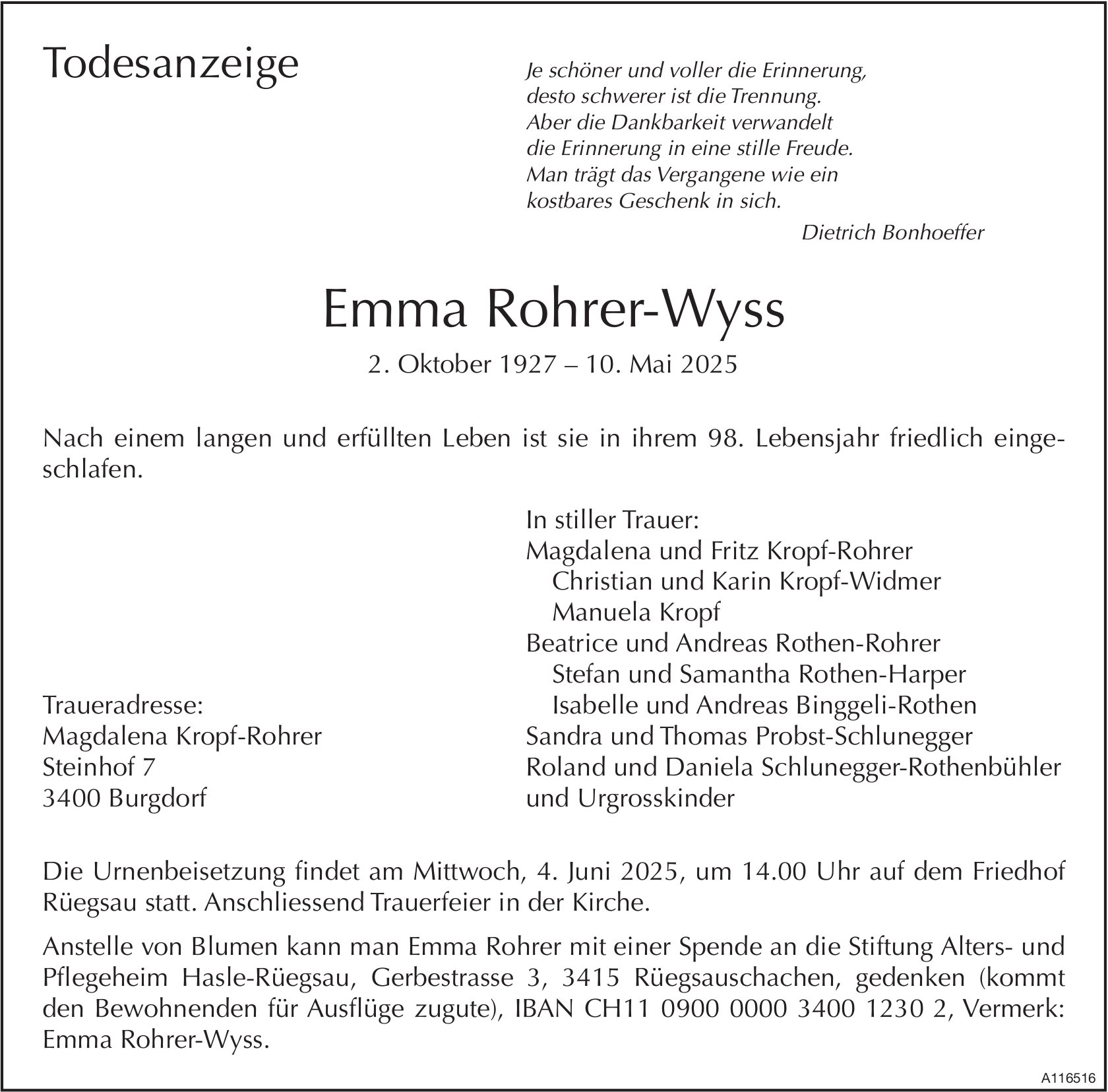 Emma Rohrer-Wyss, Mai 2025 / TA