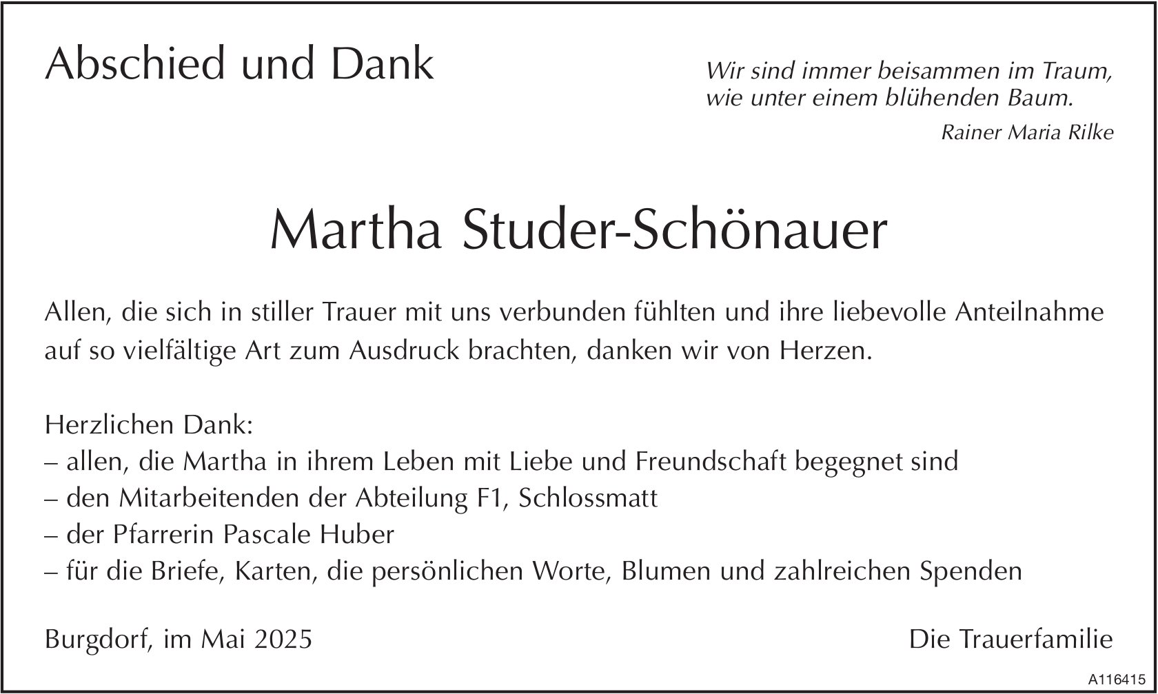 Martha Studer-Schönauer, im Mai 2025 / DS
