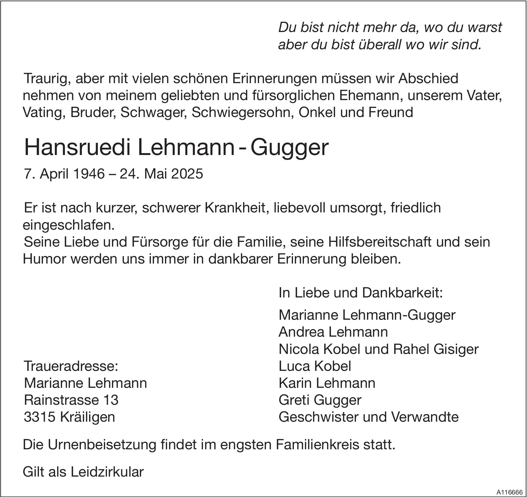 Hansruedi Lehmann - Gugger, Mai 2025 / TA