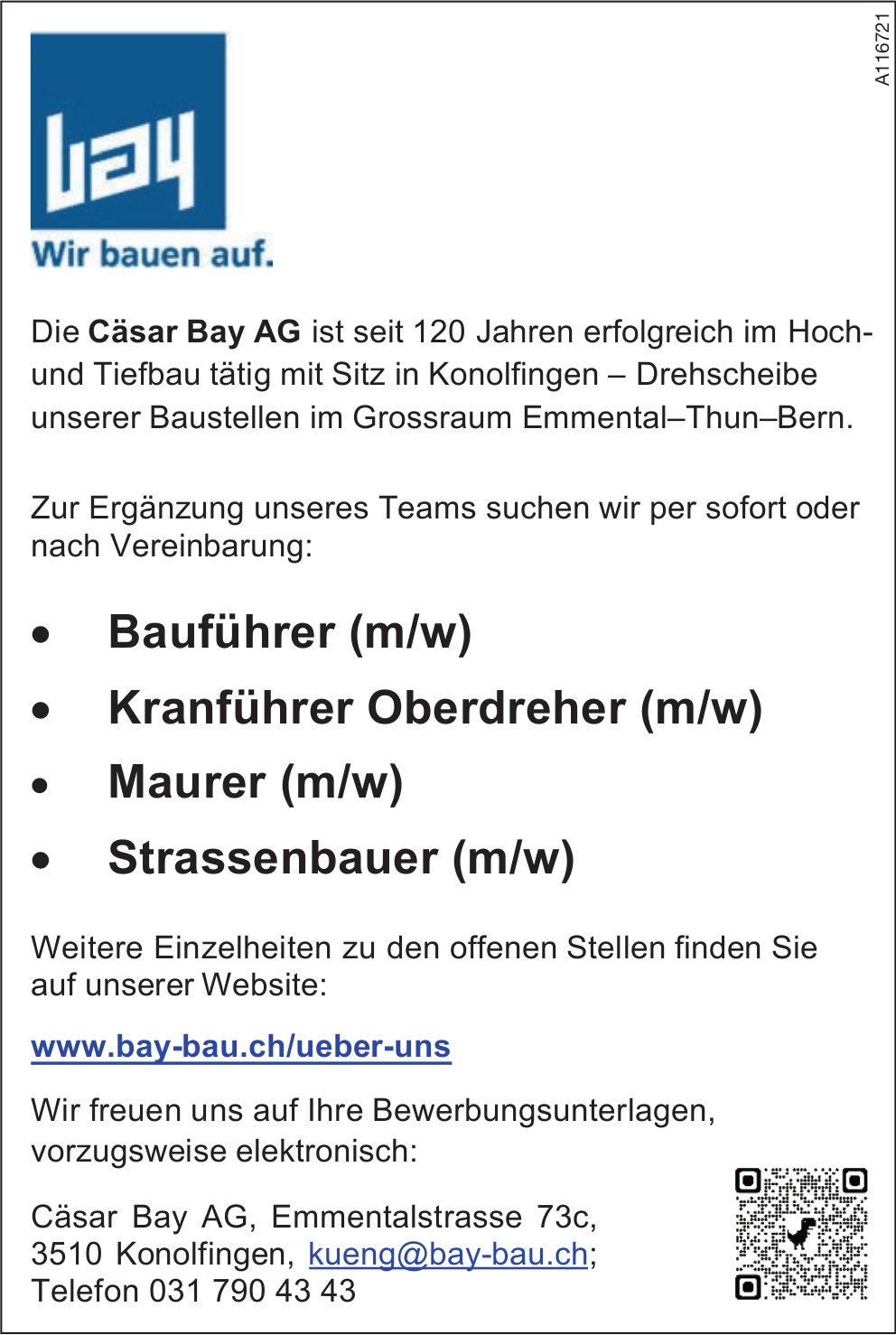 Bauführer (m/w), Kranführer Oberdreher (m/w),  Maurer (m/w) und Strassenbauer (m/w), Cäsar Bay AG, Konolfingen,  gesucht