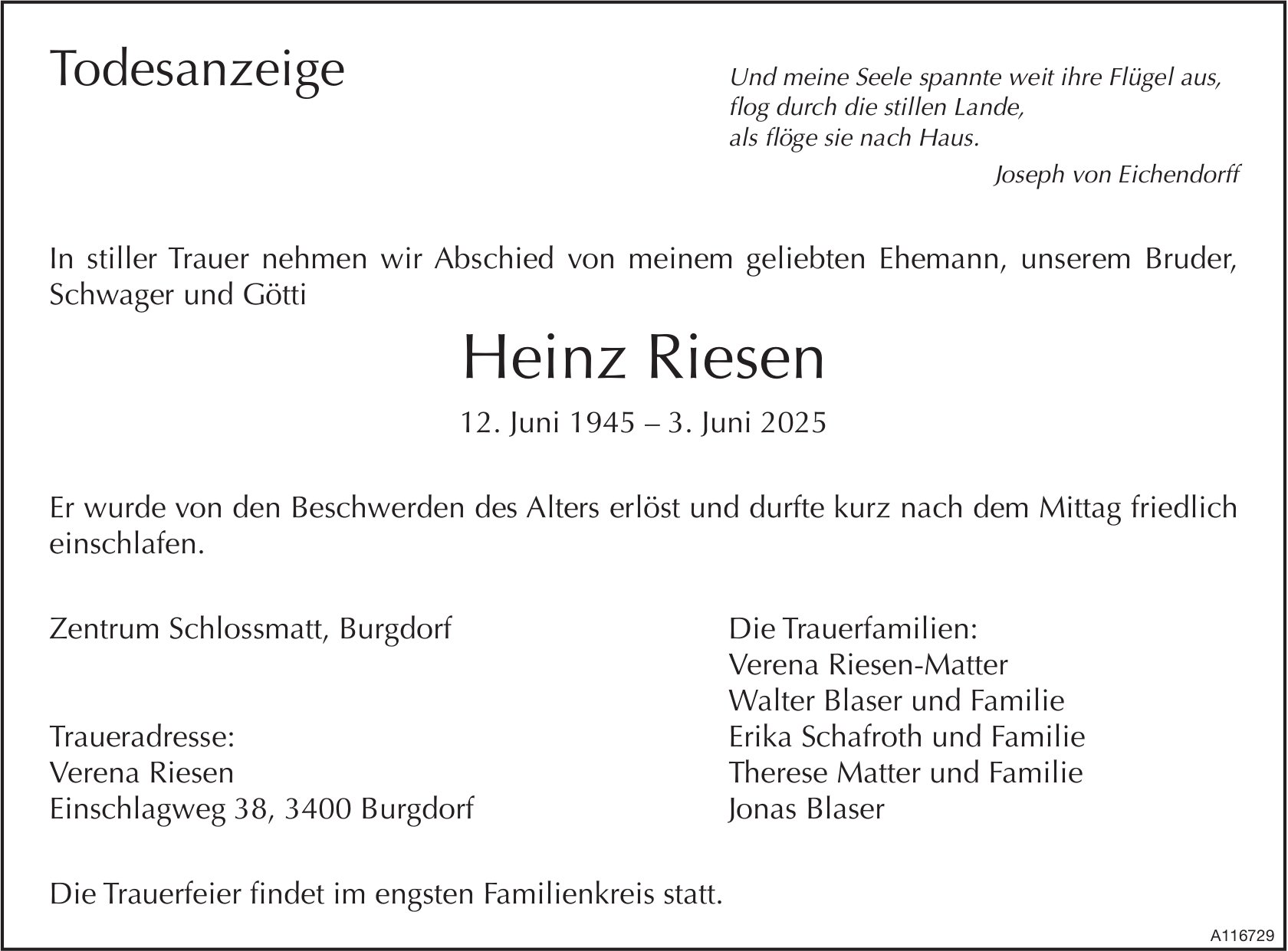 Heinz Riesen, Juni 2025 / TA